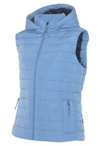 Padded blauer Weste mit Kapuze, Reißverschluss vorne und Seitentaschen. Sie zeichnet sich durch eine glatte Textur und ein horizontales Steppmuster aus.