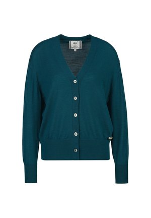 Cardigan manches longues boutonné vert sarcelle foncé avec col en V et poignets et ourlet côtelés.