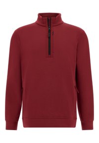 Rdeča zip-up jopica z visokim ovratnikom, ki ima četrtinski zadrgo in stranske žepi. Gladka tekstura in prilegajoča se zasnova.