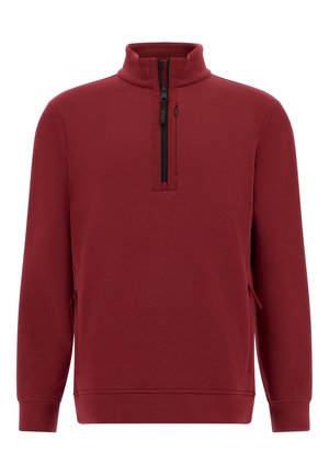Rdeča zip-up jopica z visokim ovratnikom, ki ima četrtinski zadrgo in stranske žepi. Gladka tekstura in prilegajoča se zasnova.