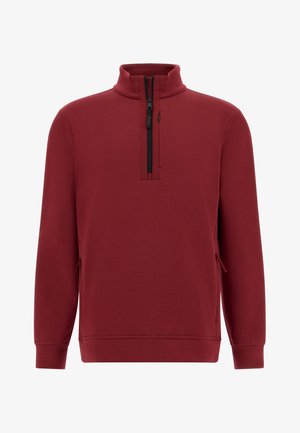 Red zip-up sweatshirt with a high collar, featuring a quarter-length zipper and side pockets. Smooth texture and fitted design.