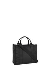 Czarna torba nylonowa na ramię z dwoma górnymi uchwytami i odczepianym paskiem na ramię. Posiada pionowe przeszycia oraz zamek błyskawiczny.