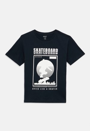 Black short-sleeve t-shirt made of cotton featuring a white graphic design with skateboard imagery and the text "DRESS LIKE A SKATER."