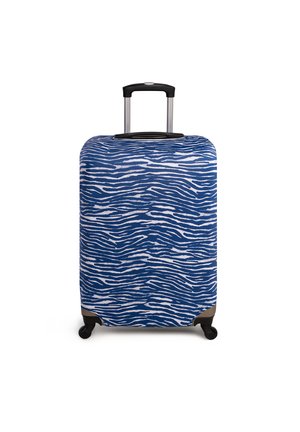 Twarda walizka z wzorem niebiesko-białych pasów zebry, teleskopowym uchwytem i czterema kółkami dla mobilności.