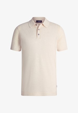 Kurzärmeliges, cremefarbenes Polohemd mit drei Knöpfen und Kragen, das ein kleines Markenetikett im Nackenbereich zeigt.