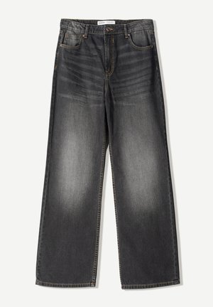 Dark gray wide-leg jeans made of denim, featuring five pockets, a front zipper, and contrasting stitching along the seams.