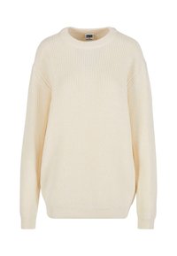 Suéter de color crema con puños acanalados, cuello redondo y hombros caídos, de corte relajado; presenta un tejido texturizado y puños acanalados.
