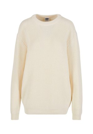 Cremfarbener gerippter Pulli mit rundem Ausschnitt, fallenden Schultern und lockerer Passform; zeichnet sich durch strukturiertes Strickmuster und gerippte Bündchen aus.