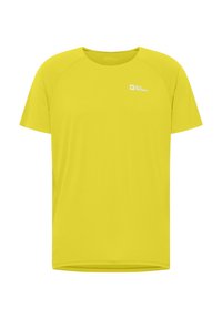 T-shirt a maniche corte giallo brillante realizzato in tessuto leggero. Presenta un colletto rotondo e il logo Jack Wolfskin sul lato sinistro superiore.
