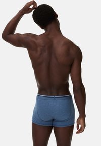 Blå bomullskalsonger med en åtsittande design och kontrasterande midjeband, visade från baksidan på en modell med muskulös kropp.