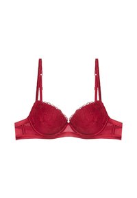 Sostenedor rojo de encaje con copas con aros acolchados, patrón floral texturizado, tirantes ajustables y acabado de satén suave en la banda.