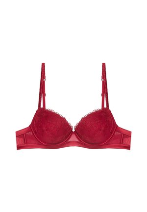 Soutien-gorge en dentelle rouge avec bonnets à armature rembourrés, motif floral texturé, bretelles réglables et finition satinée lisse sur la bande.