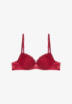 Reggiseno rosso in pizzo con coppe imbottite e con ferretto, motivo floreale a rilievo, spalline regolabili e finitura in satin liscia sulla fascia.