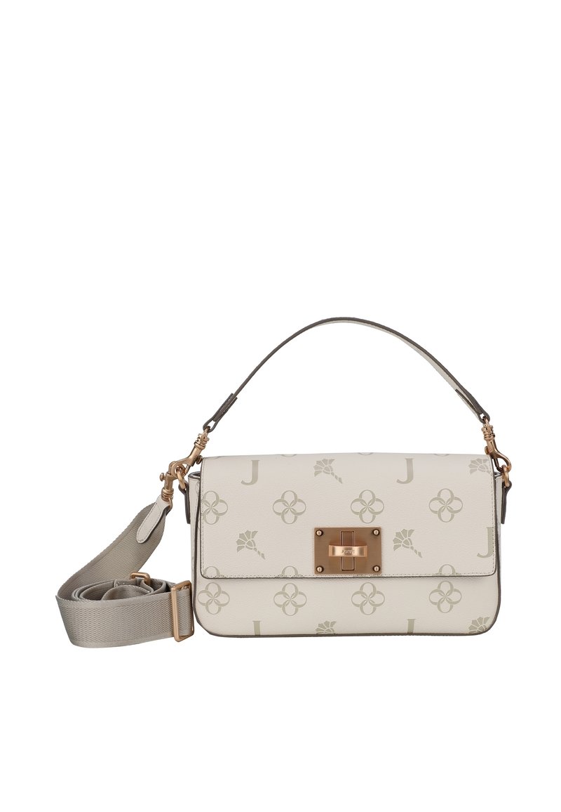 Sac à main crème avec un motif floral clair et un motif "J", fermeture rectangulaire en ton or, poignée supérieure et bandoulière large détachable.