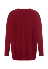 Roter Pullover mit lockerer Passform, langen Ärmeln und geripptem Saum. Aus weichem, strukturiertem Garn gefertigt. Rückansicht, keine Muster oder Hardware sichtbar.