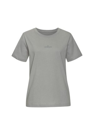 T-shirt en coton gris avec des manches courtes, un col rond et un logo imprimé "Copenhague" en bleu foncé au centre devant.