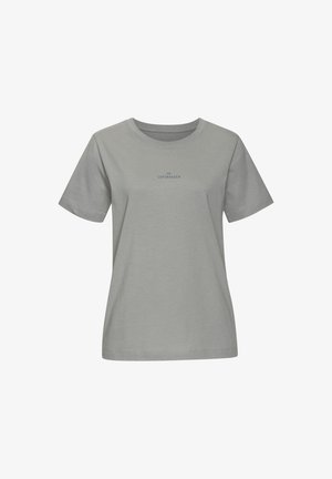 Pilkos medvilnės marškinėliai su trumpomis rankovėmis, apvaliu iškirpimu ir tamsiai mėlynu „Kopenhaga“ logotipu, atspaustu priekyje viduryje.