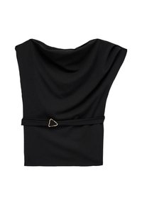 Czarny top z materiału o gładkiej teksturze, z trójkątnym złotym akcentem w talii. Prosty, elegancki design z szerokim dekoltem.