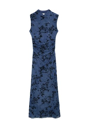 Robe maxi bleu marine sans manches avec motif floral en velours noir, col montant et détail froncé à la taille.