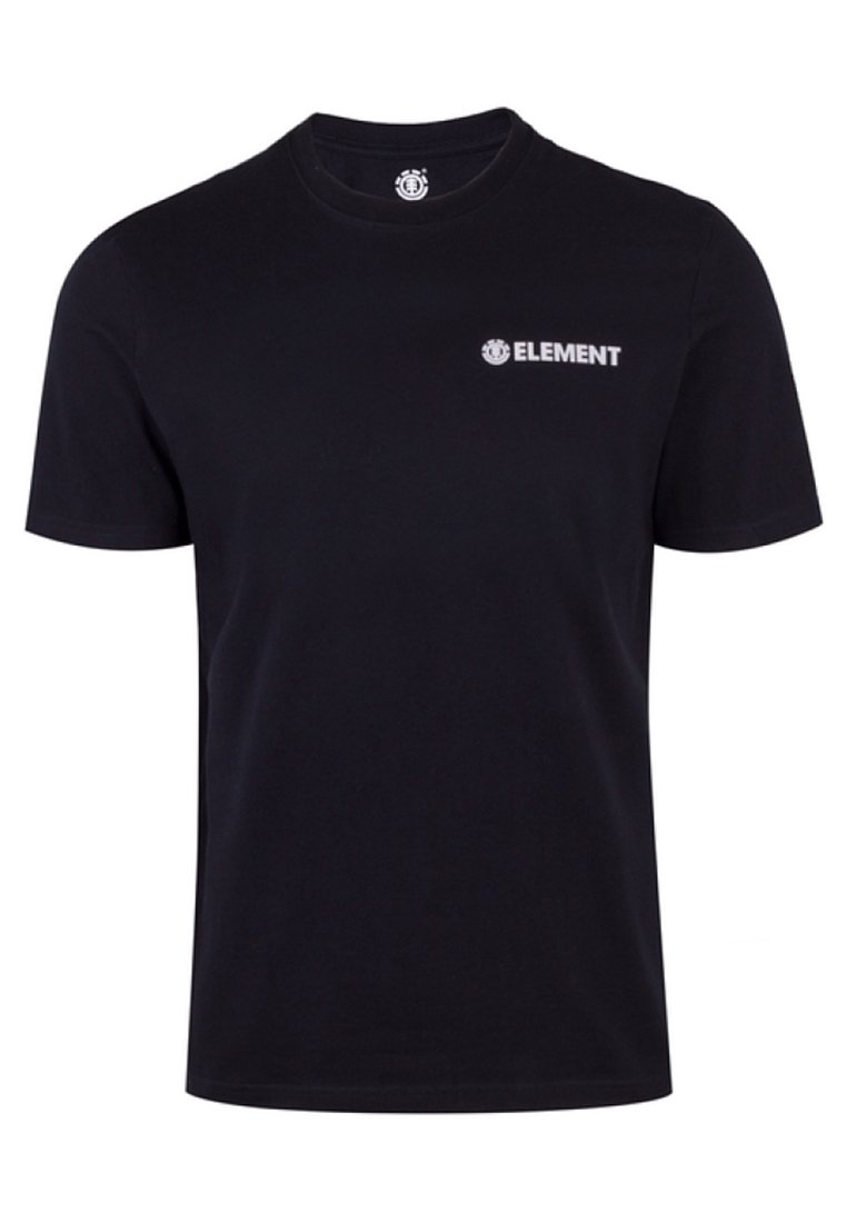 T-shirt en coton noir à manches courtes et col rond. Présente un logo blanc "ELEMENT" sur le côté gauche de la poitrine. Design simple.