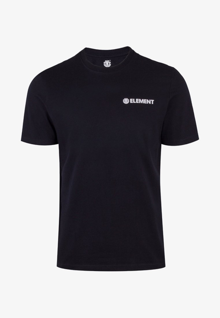 T-shirt en coton noir à manches courtes et col rond. Présente un logo blanc "ELEMENT" sur le côté gauche de la poitrine. Design simple.