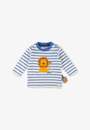 Maglietta per bebé a maniche lunghe a righe blu e bianche, con un'applicazione di un leone giallo e un piccolo ciondolo a forma di leone sul lato.