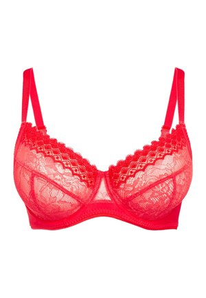 Rode kanten bh met doorschijnende cups, geschulpte kanten rand en verstelbare bandjes. Gestructureerd ontwerp met een stevige achterkant en verstelbare haakjes.