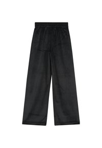 Black wide-leg pants in soft, velvety material with an elastic waistband. Smooth texture with no visible patterns or embellishments.