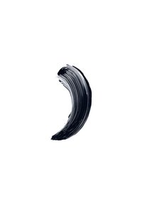 Un trait de peinture noir avec une texture lisse et des largeurs variées, sur fond blanc. Forme courbée avec des bords affilés.
