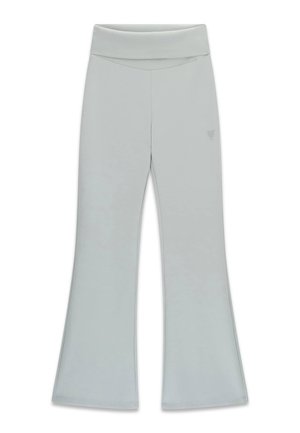 Pantaloni da yoga grigio chiaro a vita alta con gambe svasate e piccolo logo triangolare sulla coscia destra.