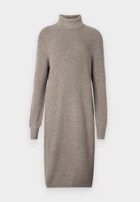 Vestito a collo alto in maglia color taupe, con maniche lunghe e una vestibilità dritta e rilassata. La texture a costine in tutto il capo aumenta l'interesse visivo.