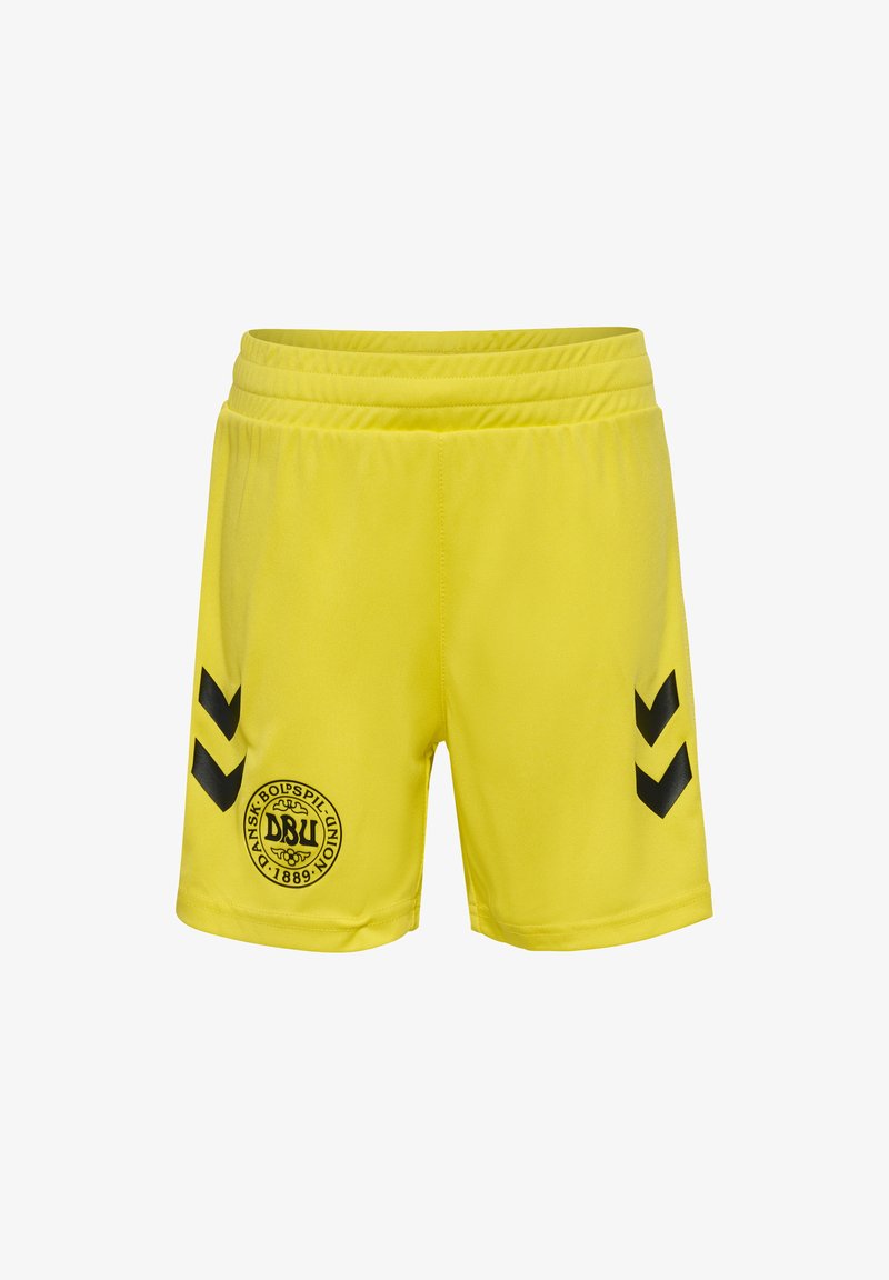 Gule sporty shorts lavet af glat stof, med et sort logo og chevron-detaljer på siderne. Elastisk talje for komfort.