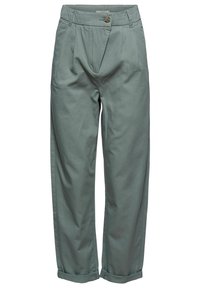 Light green, high-waisted trousers made from cotton, featuring pleats, a single button closure, and rolled cuffs. Smooth texture.