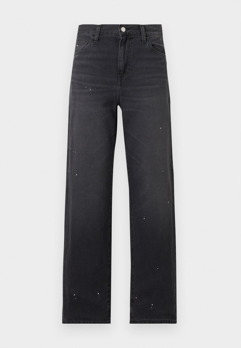 Jeans neri a vita alta con gamba dritta, chiusura con bottone e zip, design a cinque tasche e dettagli sottili di schizzi di vernice bianca.