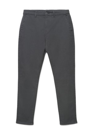 Pantaloni slim fit grigio scuro con tasche frontali, passanti per cintura e chiusura con bottone, mostrati stesi su sfondo bianco.