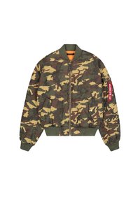 Camouflage bomber jacket with green, brown, and yellow patterns. Features a zip front, ribbed cuffs, and an orange interior lining.