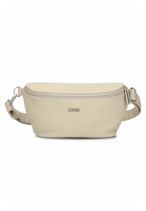 Beige Ledergürteltasche mit Reißverschlussverschluss, verstellbarem Riemen und kleinem Metall-Logo vorne.