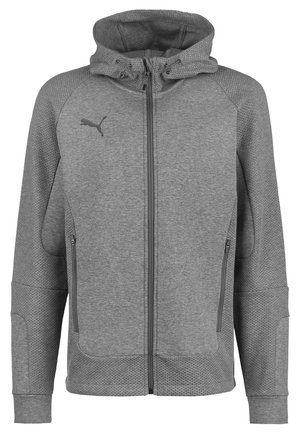 Gray zip-up hooded jacket with a textured pattern on the shoulders and sleeves, featuring two side pockets and a subtle logo.