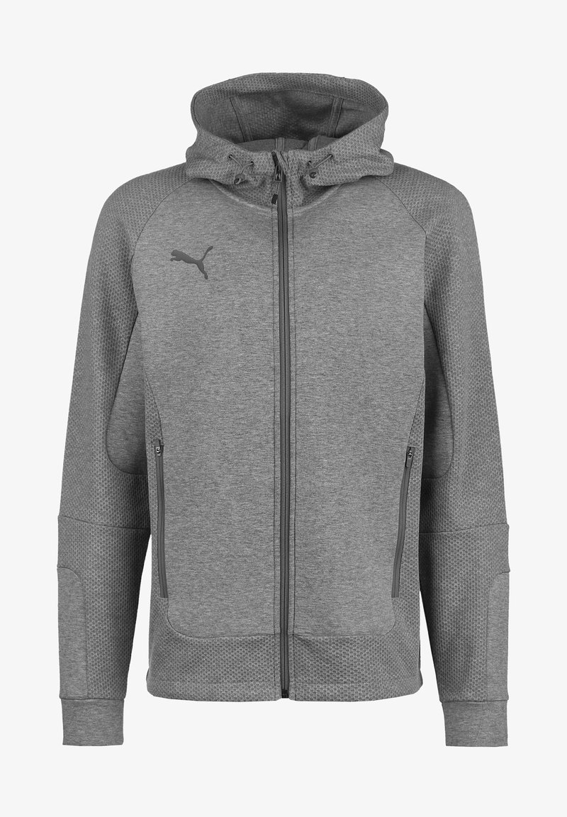 Veste à capuche zippée grise avec un motif texturé sur les épaules et les manches, dotée de deux poches latérales et d'un logo discret.