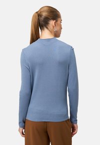 Light blue long-sleeve sweater with a ribbed crew neck and textured knit finish, paired with brown trousers, viewed from the back.
