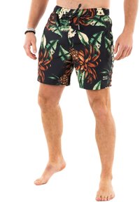 Pantaloni da bagno neri con stampa floreale tropicale in verde, arancione e bianco. Presentano una vita elastica con cordoncino e tasche laterali.