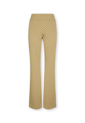 Gelb-schwarz gemusterte, ausgestellte Damenhose mit hohem Bund und figurbetonter Silhouette vor weißem Hintergrund.