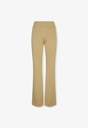 Gelb-schwarz gemusterte, ausgestellte Damenhose mit hohem Bund und figurbetonter Silhouette vor weißem Hintergrund.