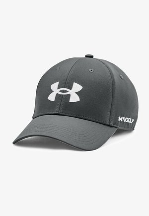 Grå kasket lavet af blødt stof med en krum skygge, der har et stort hvidt Under Armour-logo foran og lille tekst på siden.