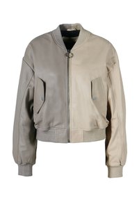 Veste bomber en cuir beige avec fermeture éclair devant, poignets et taille côtelés, et deux poches avant inclinées. Design légèrement cropped.