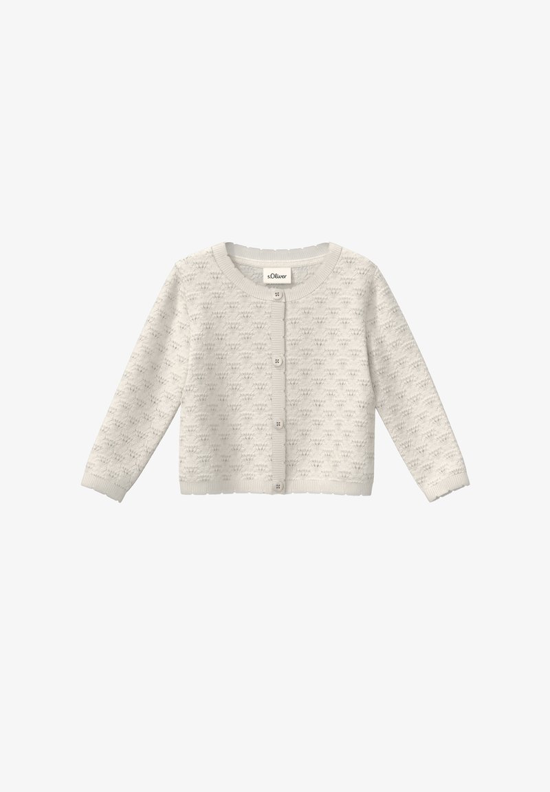 Cardigan en tricot couleur crème pour bébé, à manches longues, col rond, boutons sur le devant, et motif texturé subtil.