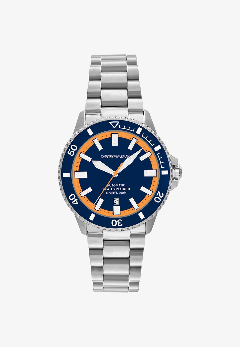 Stainless steel diver’s watch with blue and orange dial, white markers, date window at 6 o'clock, and 200m water resistance.