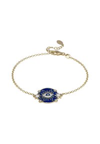 Bracciale in oro con un ovale centrale in smalto blu decorato con un motivo a occhio, circondato da accenti a stella e un design a raggi di sole.
