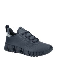 Navy blue sneaker made of textured leather with a thick rubber sole, featuring elastic laces and a pull tab at the heel for easy wear.