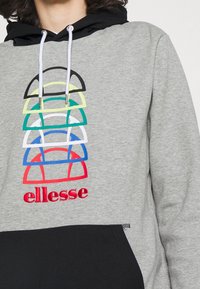 Felpa grigia con cappuccio nero, caratterizzata da motivi arrotondati multicolori e un logo ricamato rosso "ellesse" sul davanti. Materiale in cotone.